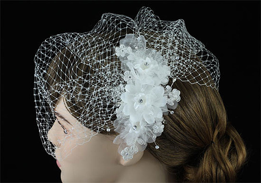 Bridal Wedding Birdcage Netting Veil with Feathers Fascinator Flower XT1576-0